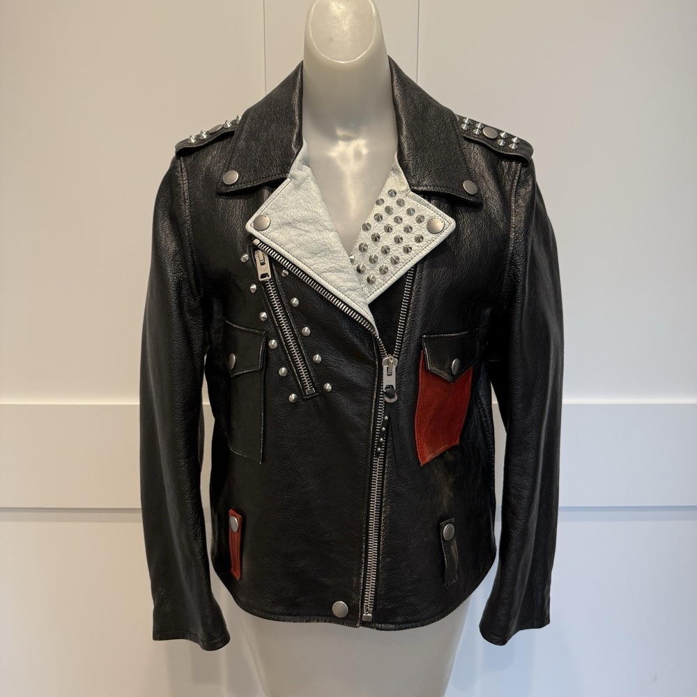 Coach X Disney Mickey Mouse Leather Jacket Studs Red, Blk White Colorblock Sz 10